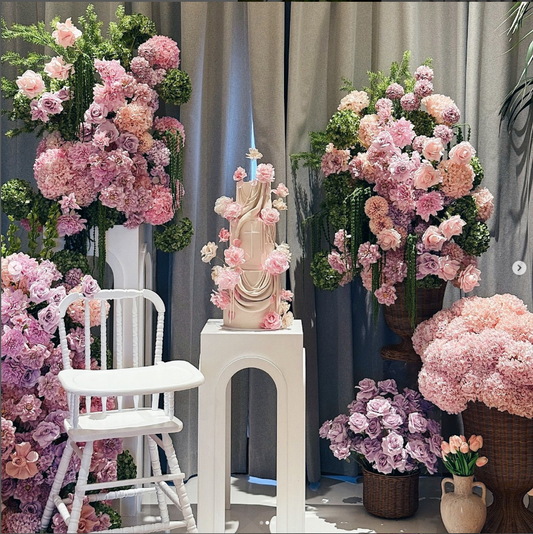 Plinth + Woven Basket Set - Pink + Green Florals