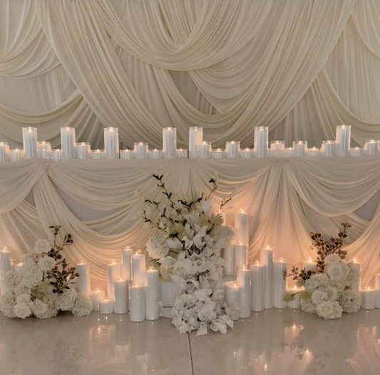 Engagement Table Set Up - Draping, Candles & Florals