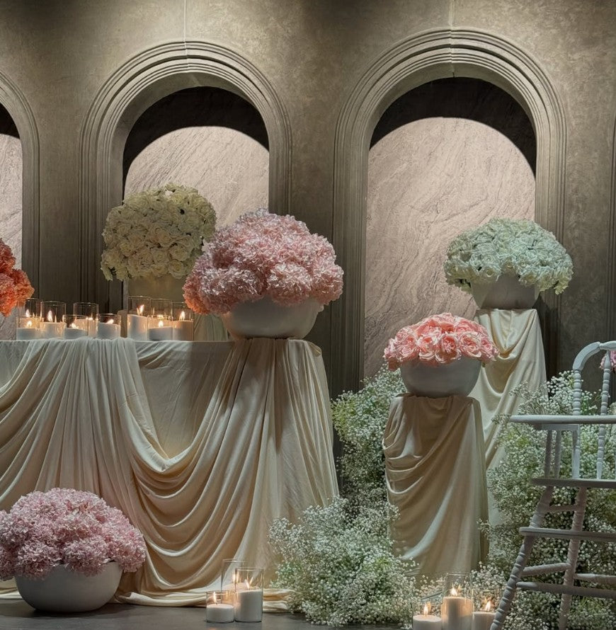 Drapery + Plinth Set with Floral Vases