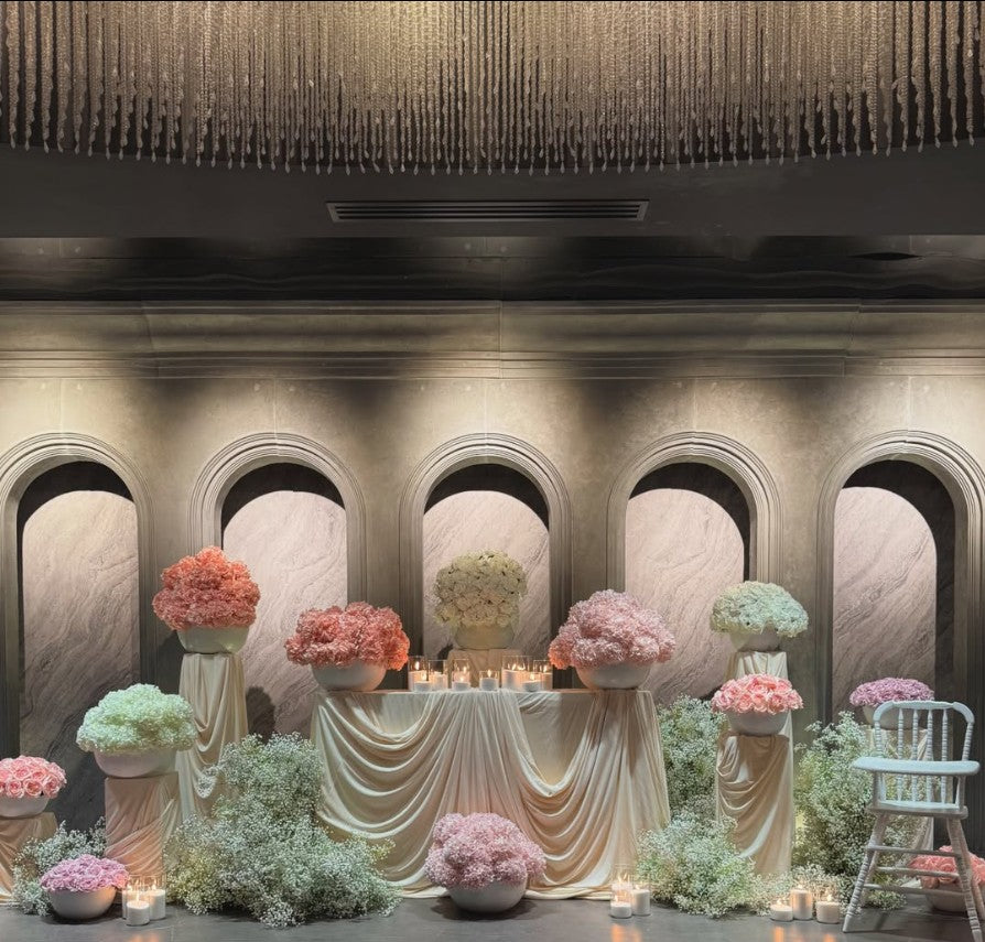 Drapery + Plinth Set with Floral Vases