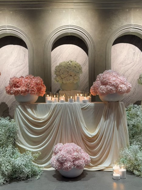 Drapery + Plinth Set with Floral Vases