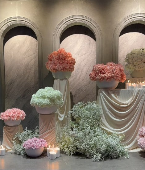 Drapery + Plinth Set with Floral Vases