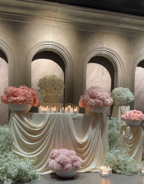 Drapery + Plinth Set with Floral Vases